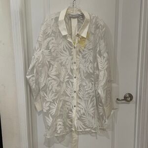 Simonton Says off White Sheer Tropical Leaf Burnout Button Down Shirt NWT 3X